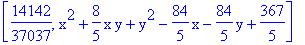 [14142/37037, x^2+8/5*x*y+y^2-84/5*x-84/5*y+367/5]